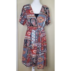 Vermont Country Store Patchwork Paisley Faux‎ Wrap Tie Back Boho Cotton Dress